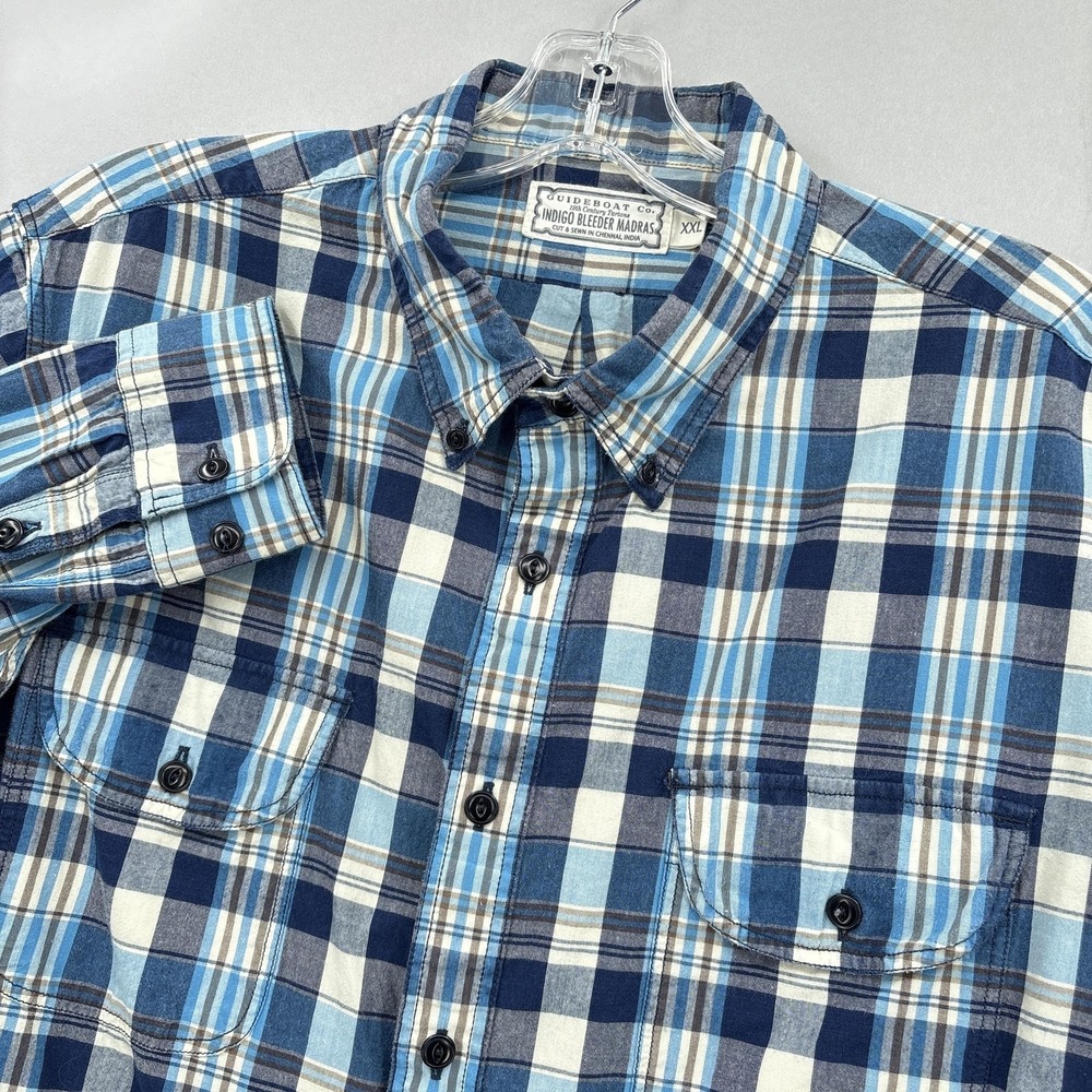 Guideboat Co Shirt Mens 2XL Blue Plaid Indigo Bleeder‎ Madras Cotton Casual